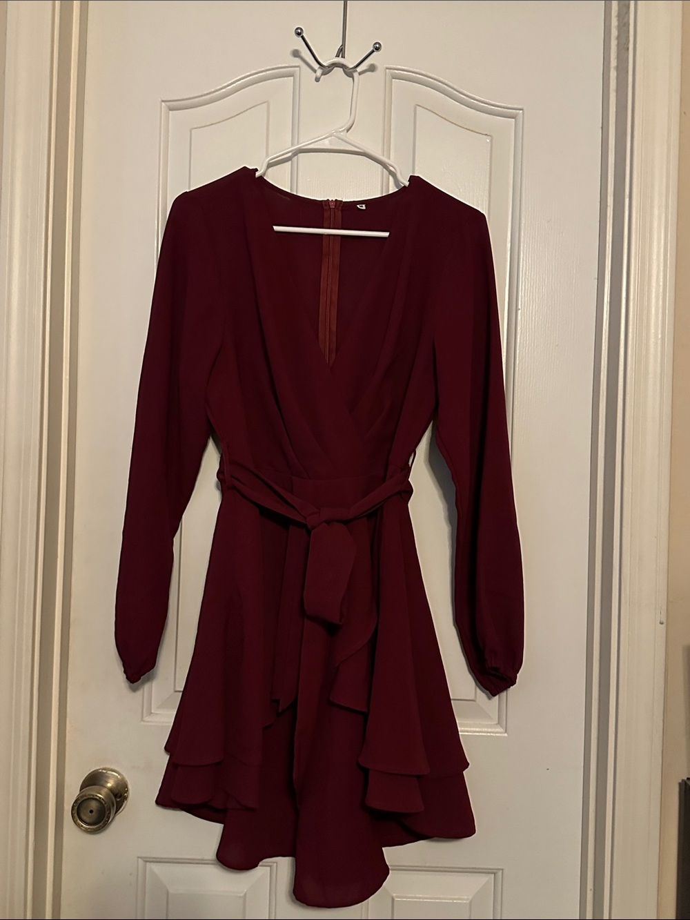 Long-Sleeve Deep Wine Wrap Dress with Tie Waist